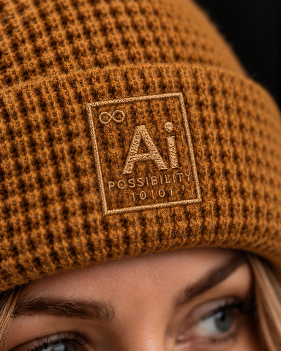 Close-up of the gold tone-on-tone embroidered Ai + You element tile on the cuff of the Caramel Waffle beanie, showing the waffle knit