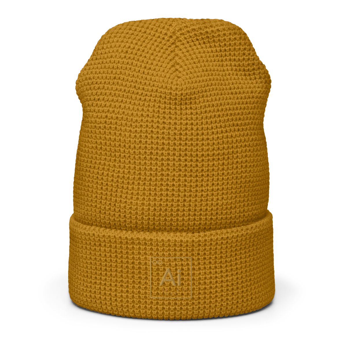 The Possibility Beanie in Caramel Waffle, Large Fit: waffle-knit cuffed beanie with the tone-on-tone gold embroidered Ai element tile