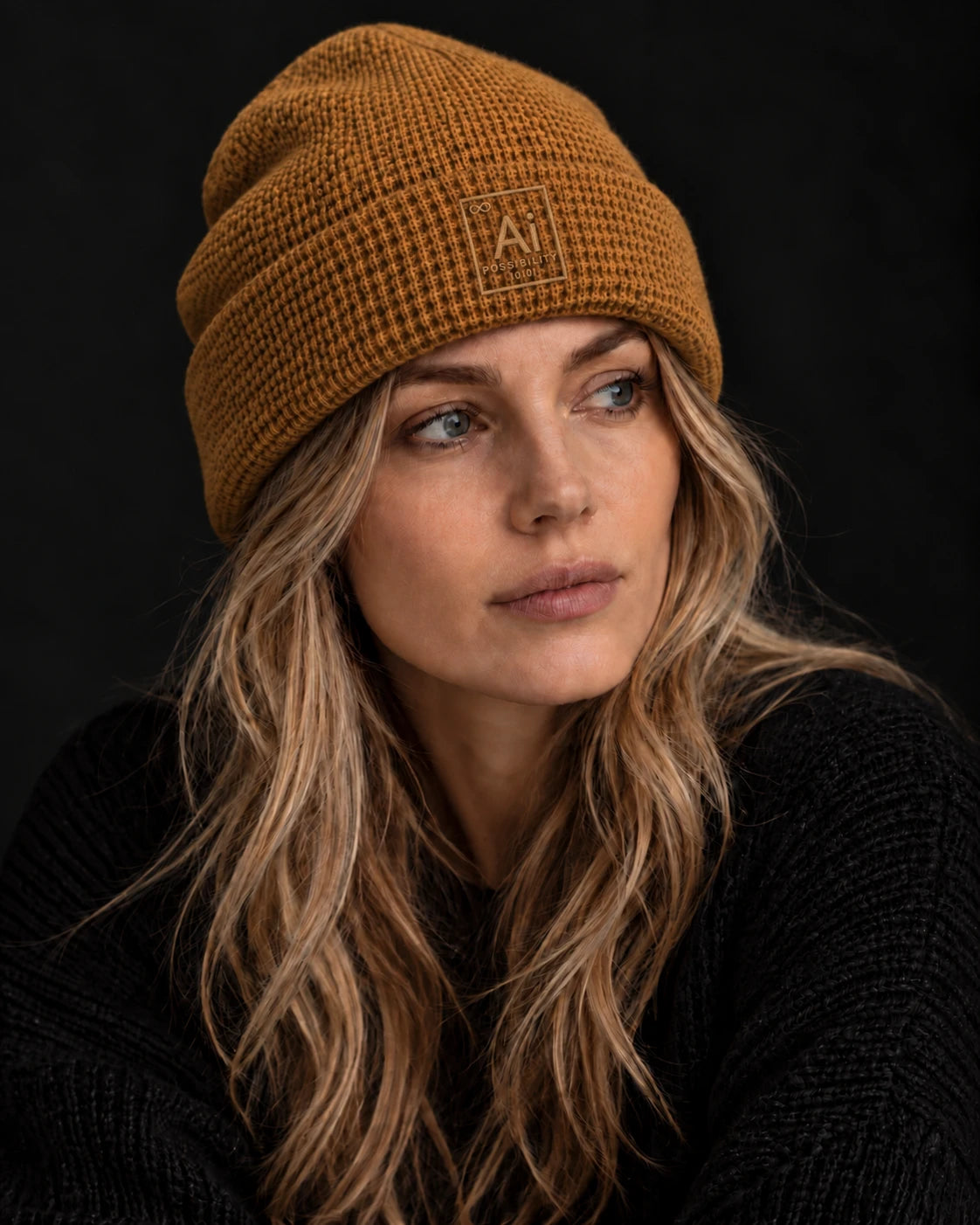 Woman wearing the Possibility Beanie in Caramel Waffle, Large Fit, with the tone-on-tone gold embroidered Ai element tile on the cuff, dark studio