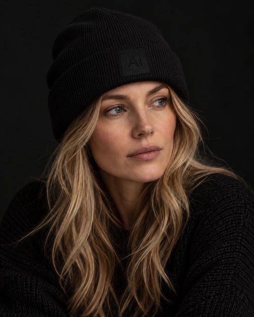Woman wearing the Possibility Beanie in the Large Fit, black, finer rib knit with the embroidered Ai element tile on the cuff, dark studio