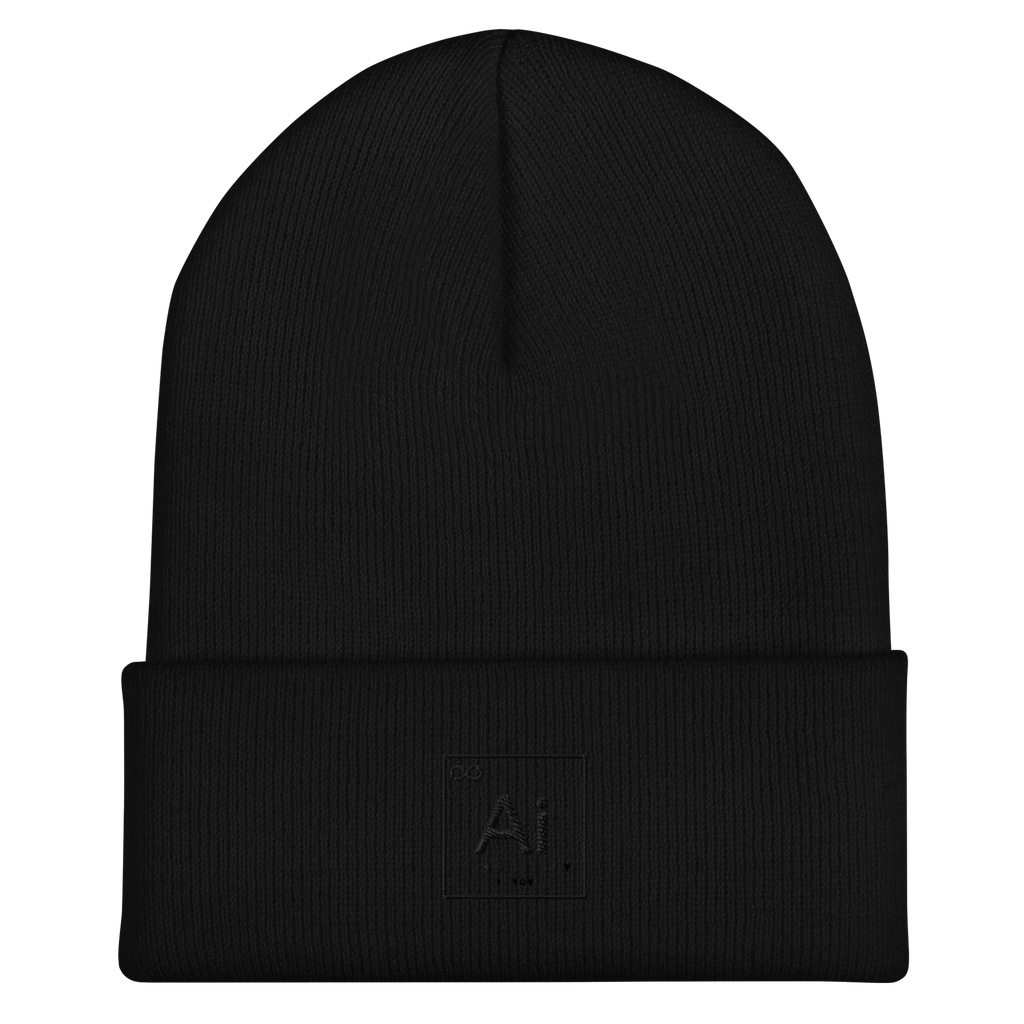 The Possibility Beanie Large Fit in black, cuffed, with the tone-on-tone embroidered Ai element tile on the cuff