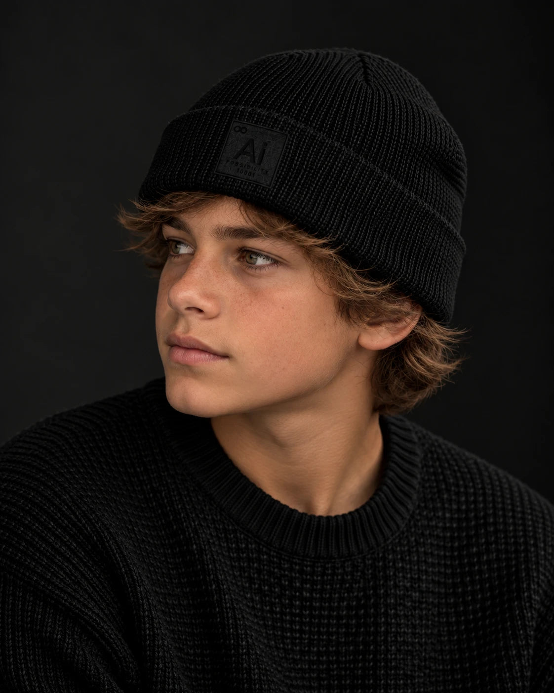 Young person wearing the Possibility Beanie in the Small Fit, black, chunky rib knit with the embroidered Ai element tile on the cuff, dark studio