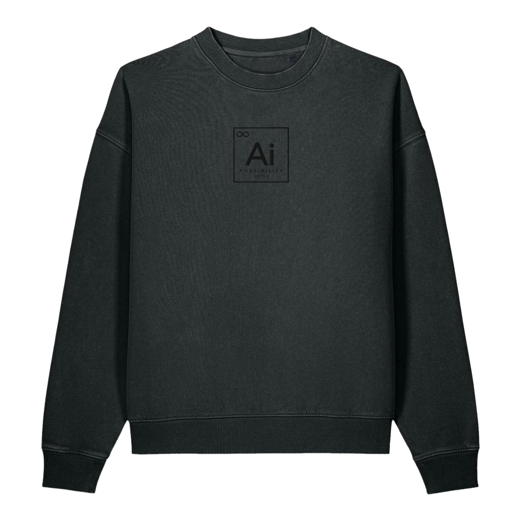 The Possibility Crewneck in washed black, front view with the tone-on-tone Ai element tile