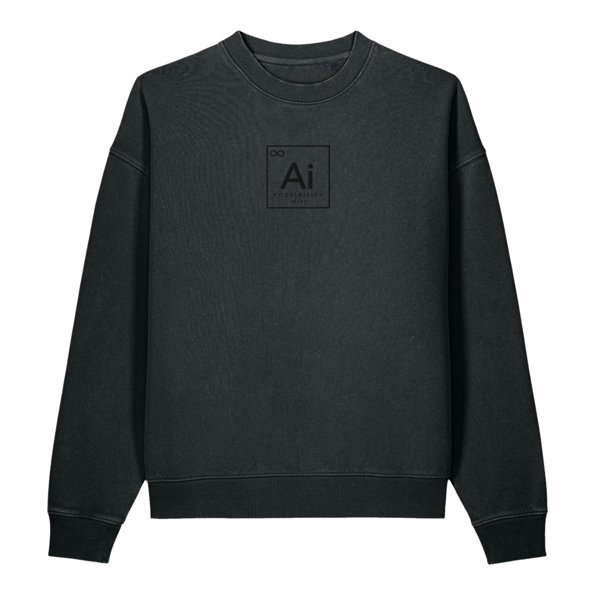 The Possibility Crewneck in washed black, front view with the tone-on-tone Ai element tile