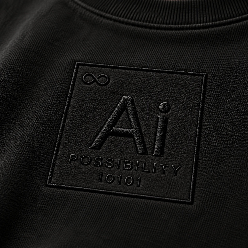 Extreme close-up of the Ai + You element tile on washed black fleece: infinity symbol, Ai, Possibility and 10101