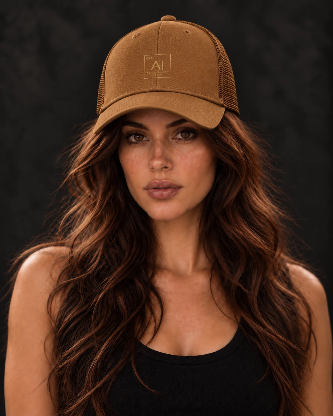 Woman wearing the Possibility Trucker Hat in caramel with the tone-on-tone gold embroidered Ai element tile, dark studio