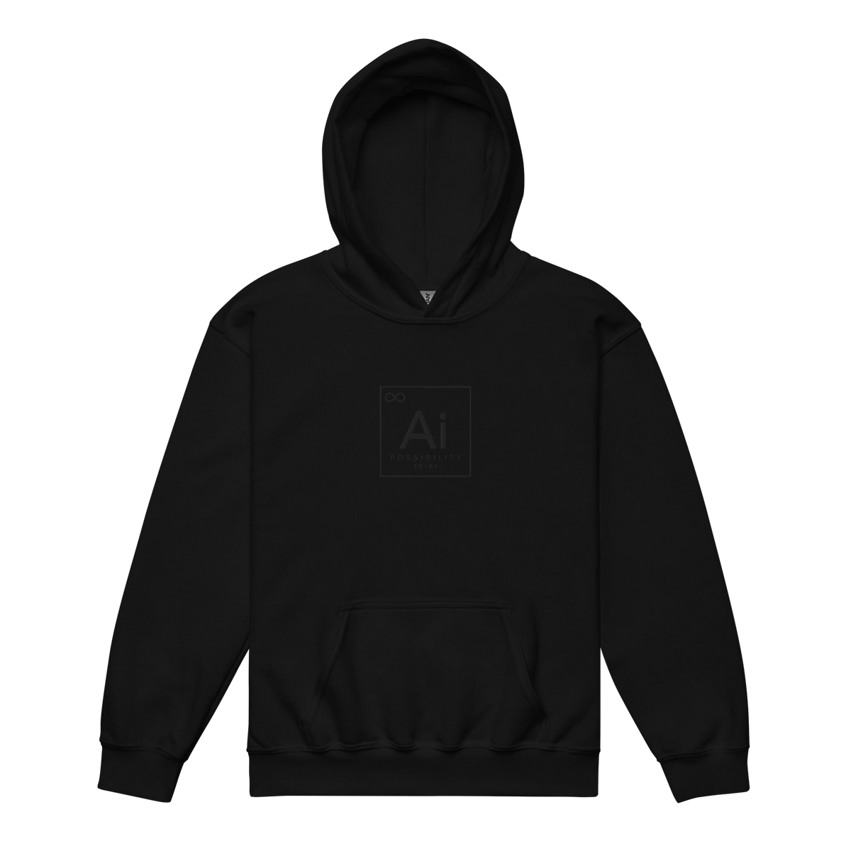 The Possibility Youth Hoodie in black, front view with the tone-on-tone Ai element tile