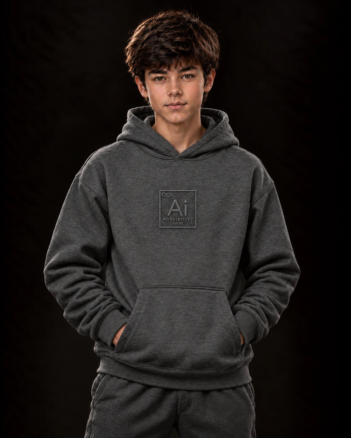 Young model wearing the Possibility Youth Hoodie in heather grey, hands in the front pocket, grey-on-grey embroidered Ai element tile, dark studio