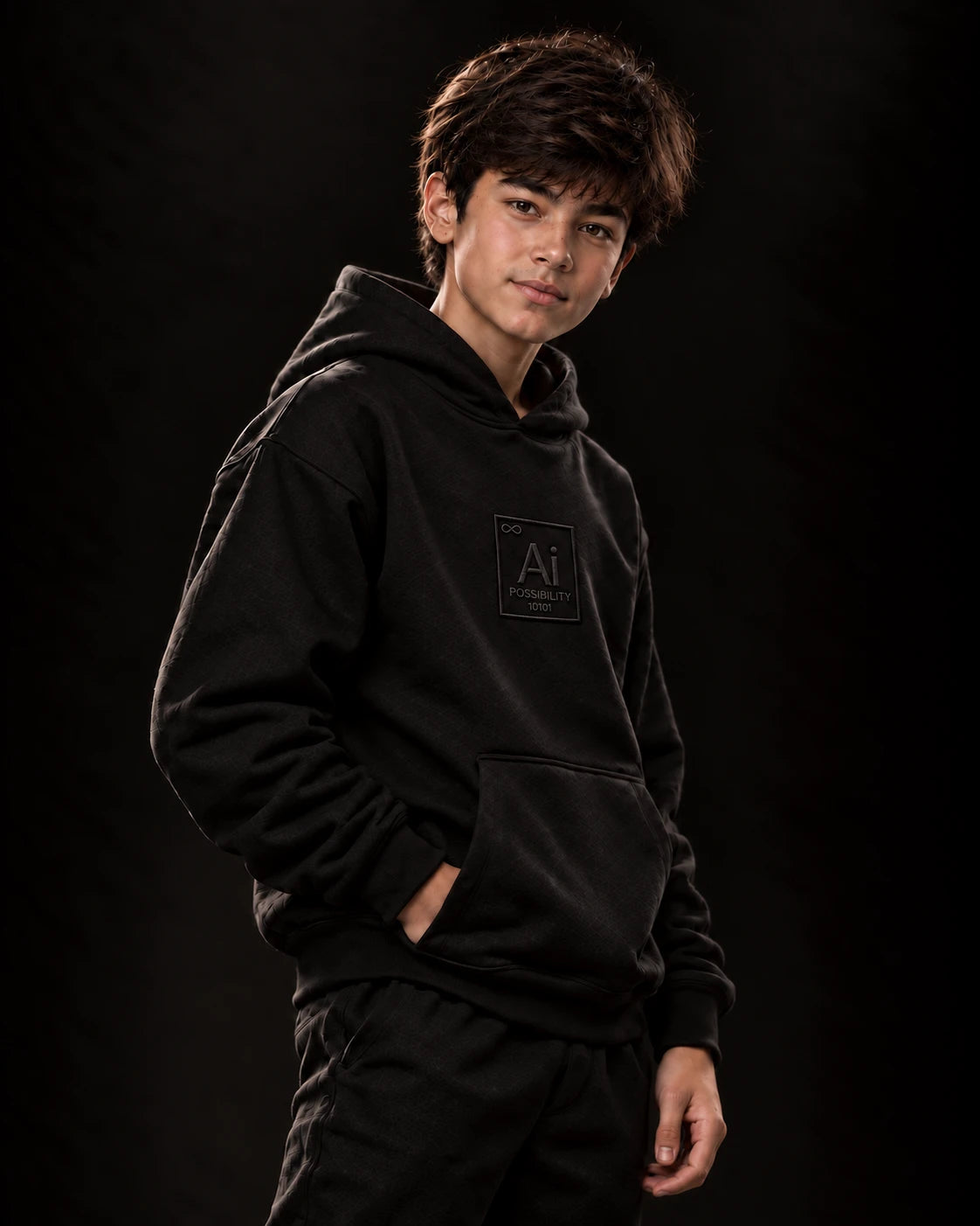 Young model in the Possibility Youth Hoodie in black, angled view showing the Ai element tile, dark studio