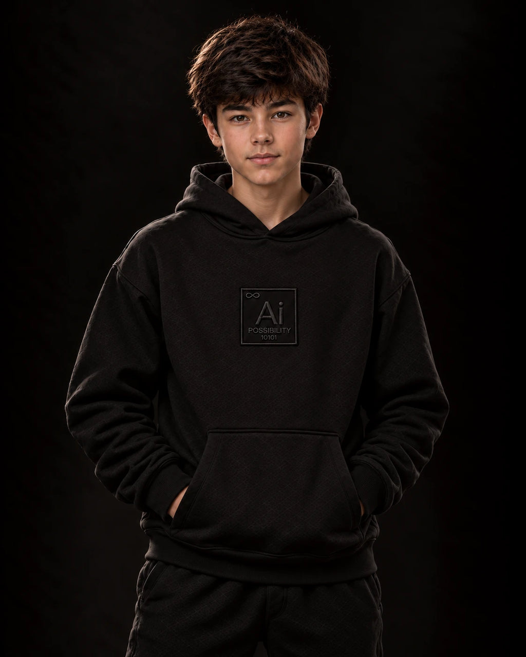 Young model wearing the Possibility Youth Hoodie in black, hands in the front pocket, dark studio