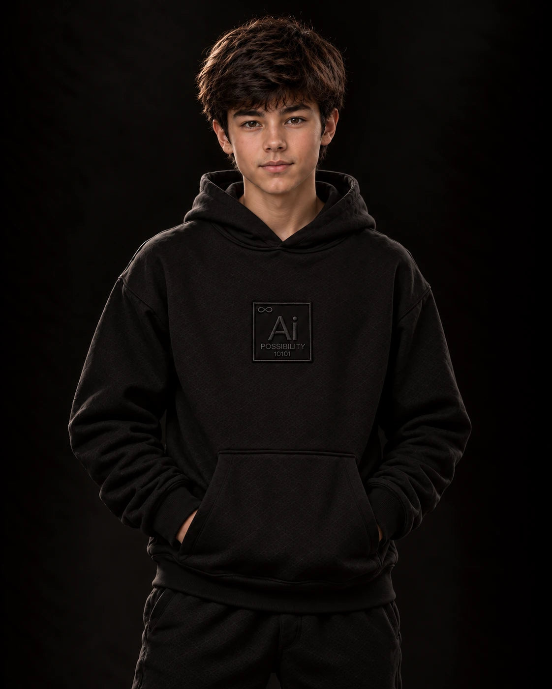 Young model wearing the Possibility Youth Hoodie in black, hands in the front pocket, dark studio