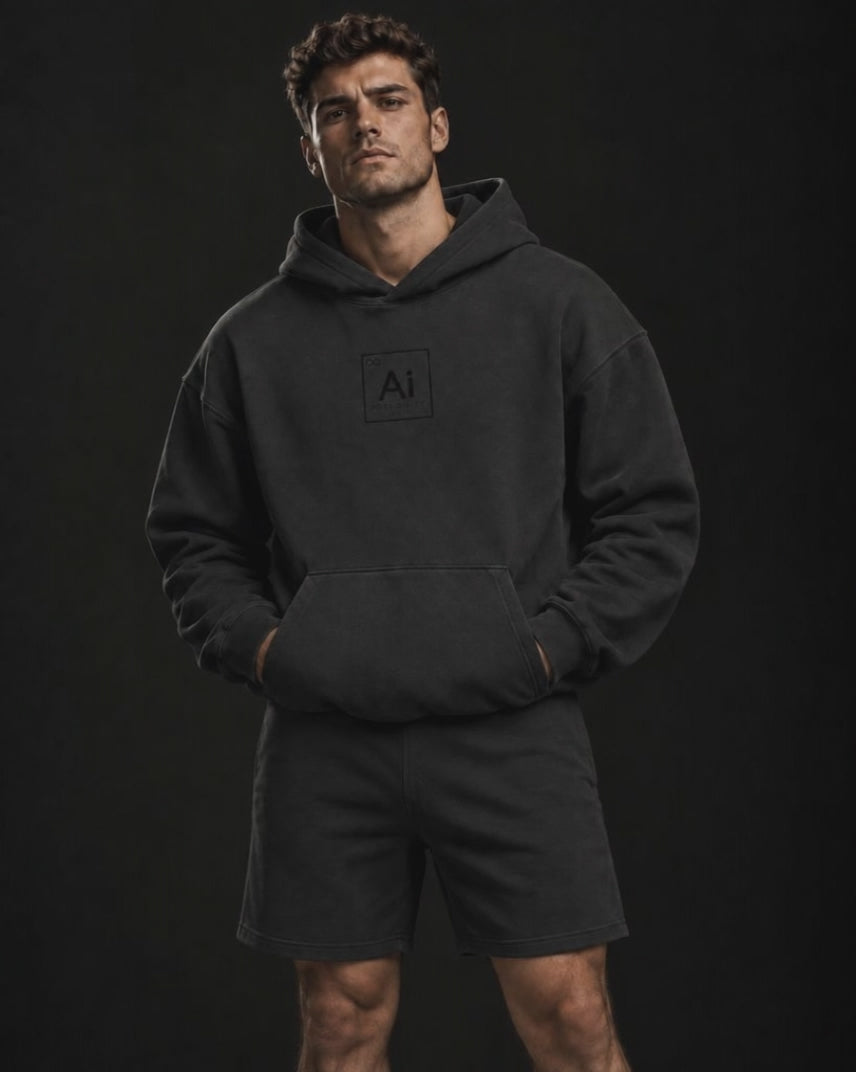 Model wearing the Possibility Hoodie in washed black, short video