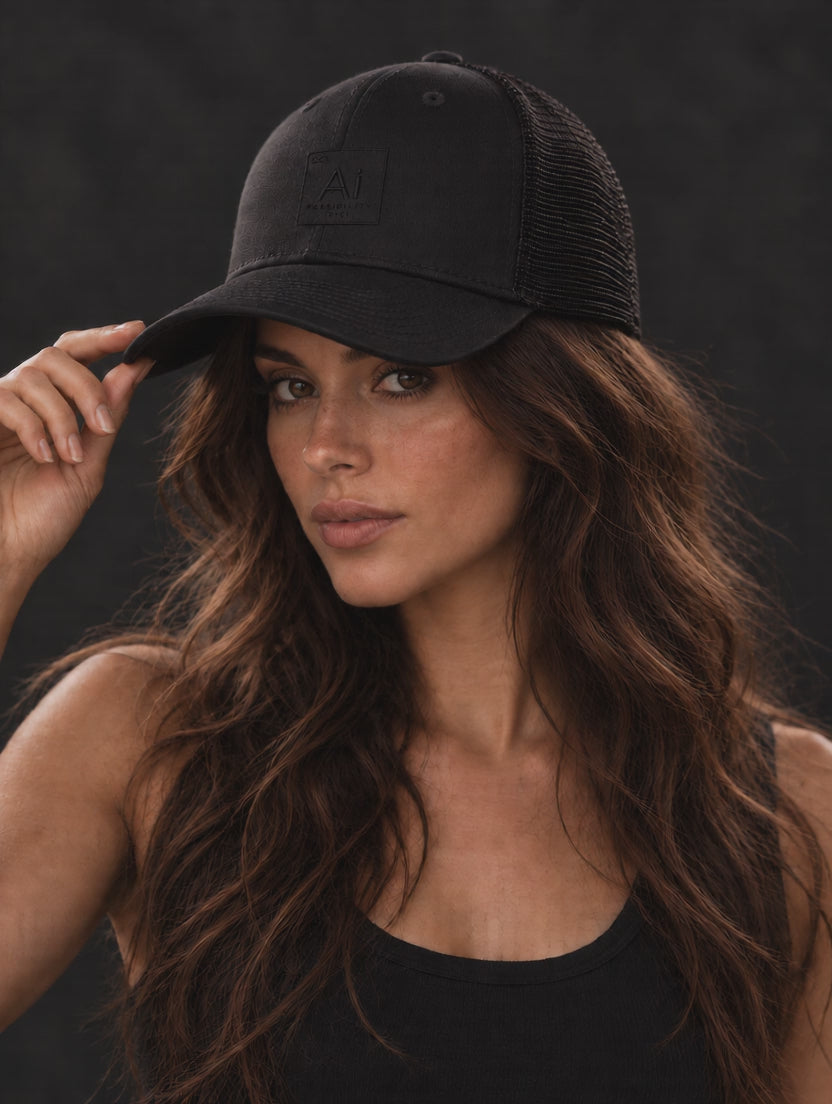 Woman wearing the Possibility Trucker Hat in black, short video